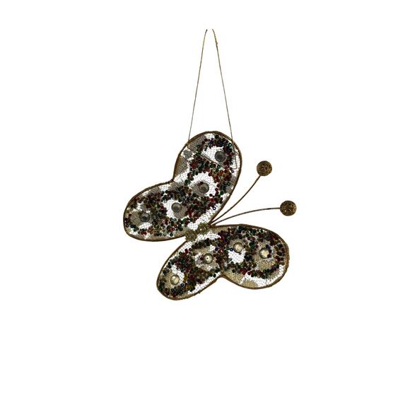 Vintage Gold Beaded Butterfly Christmas Ornament Mesh Hanging - Picture 1 of 15